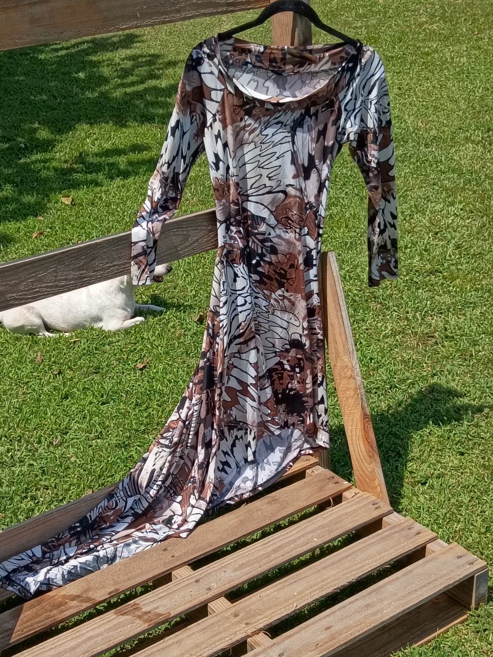 Snap Brown, White and Black Abstract High-Low Maxi Dress